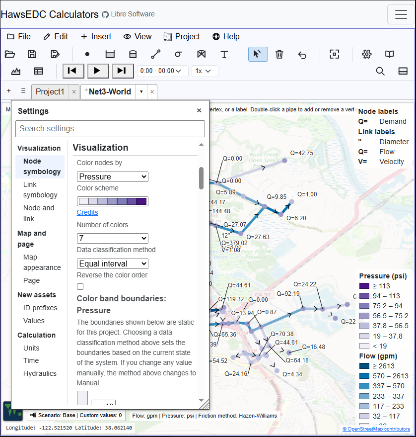 The same network in a much narrower browser window, with settings stacked into a single column.