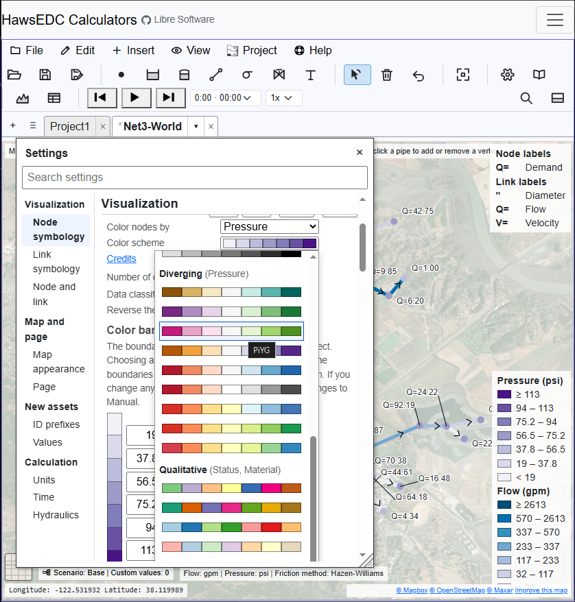 A colour scheme picker open over a network drawn on satellite imagery.