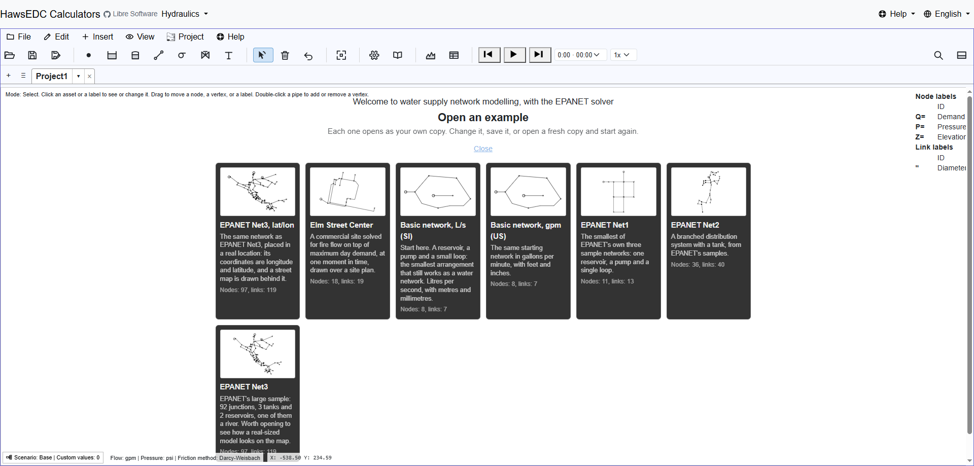 The examples gallery, showing seven cards each with a thumbnail of a complete water network.