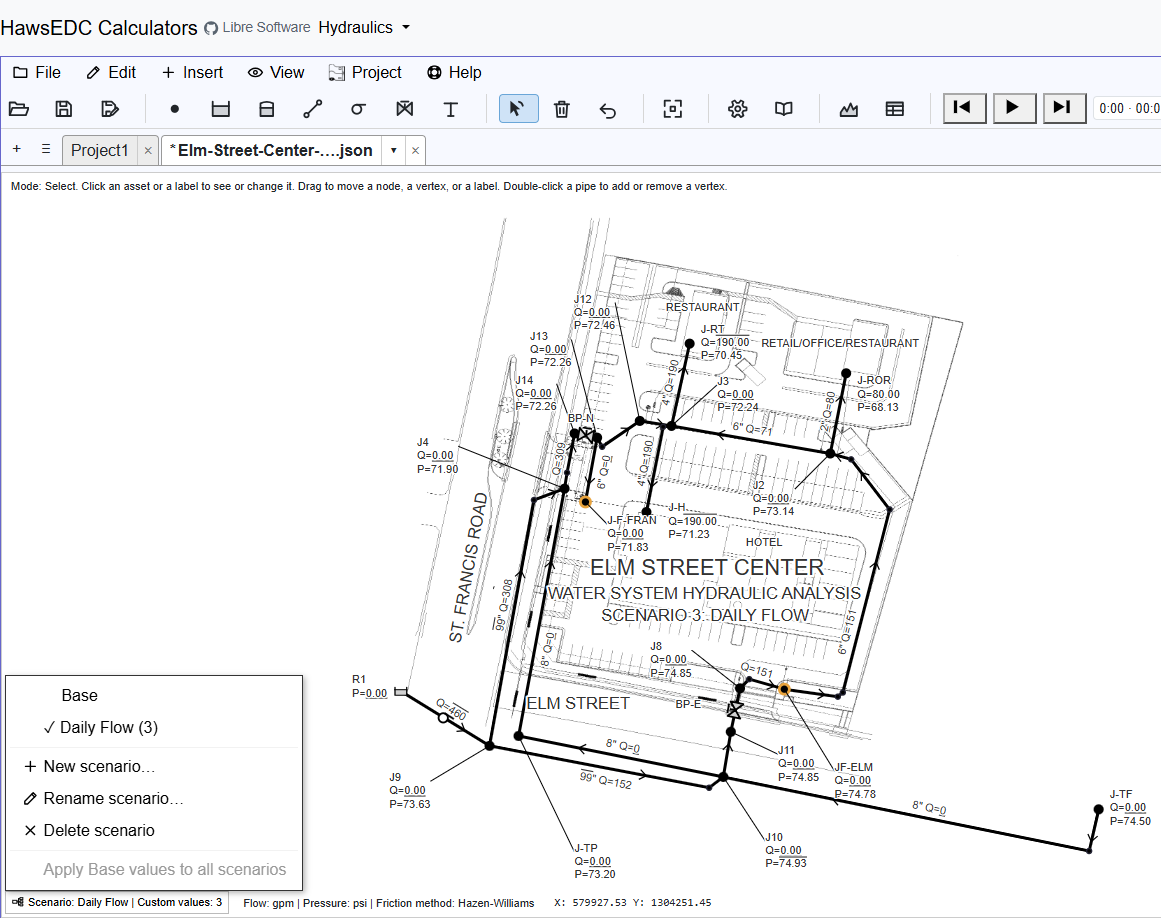 The scenario menu open over a network, listing Base and Daily Flow with options to add, rename or delete.