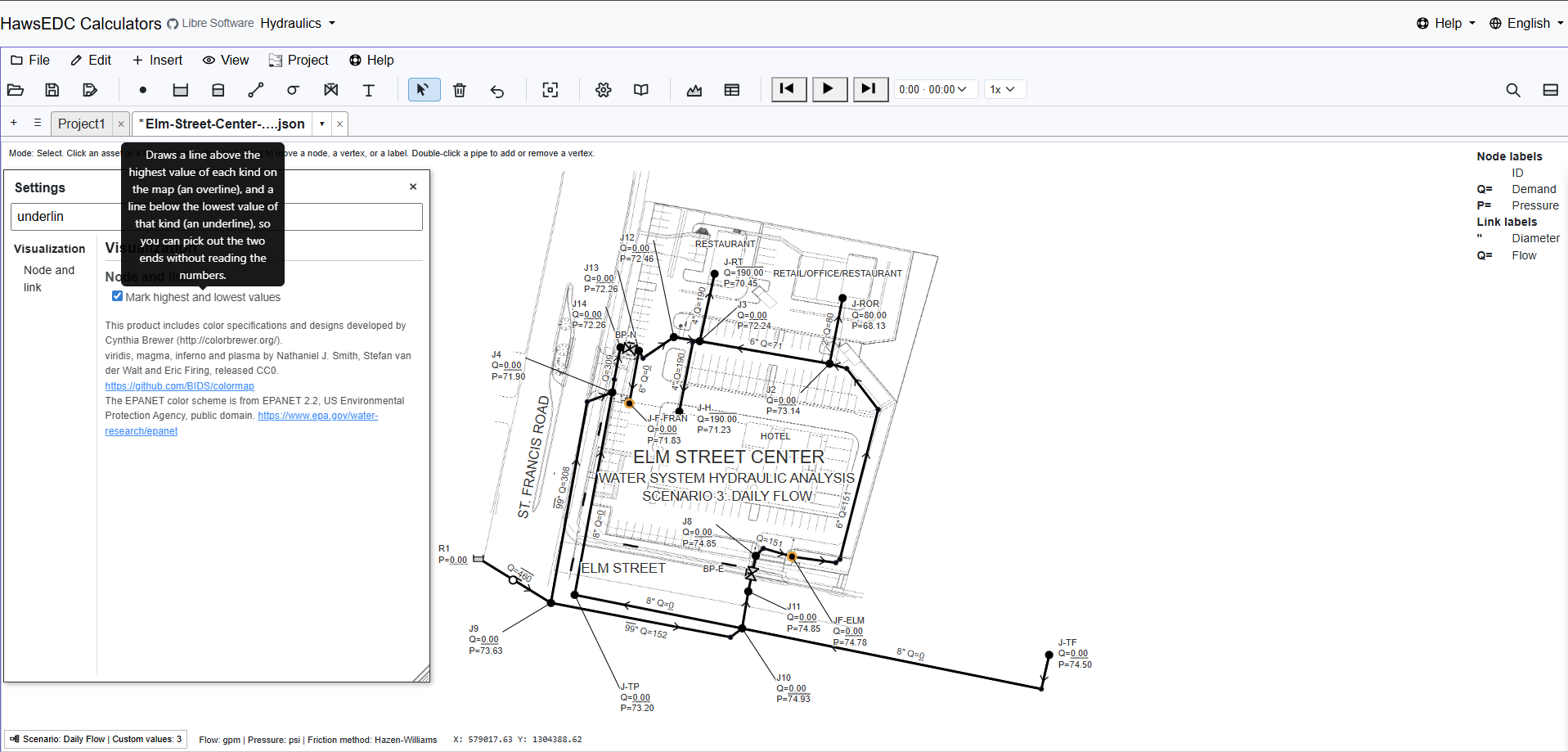 A water network drawn over a site plan with hand-placed labels, leader lines and a title block.