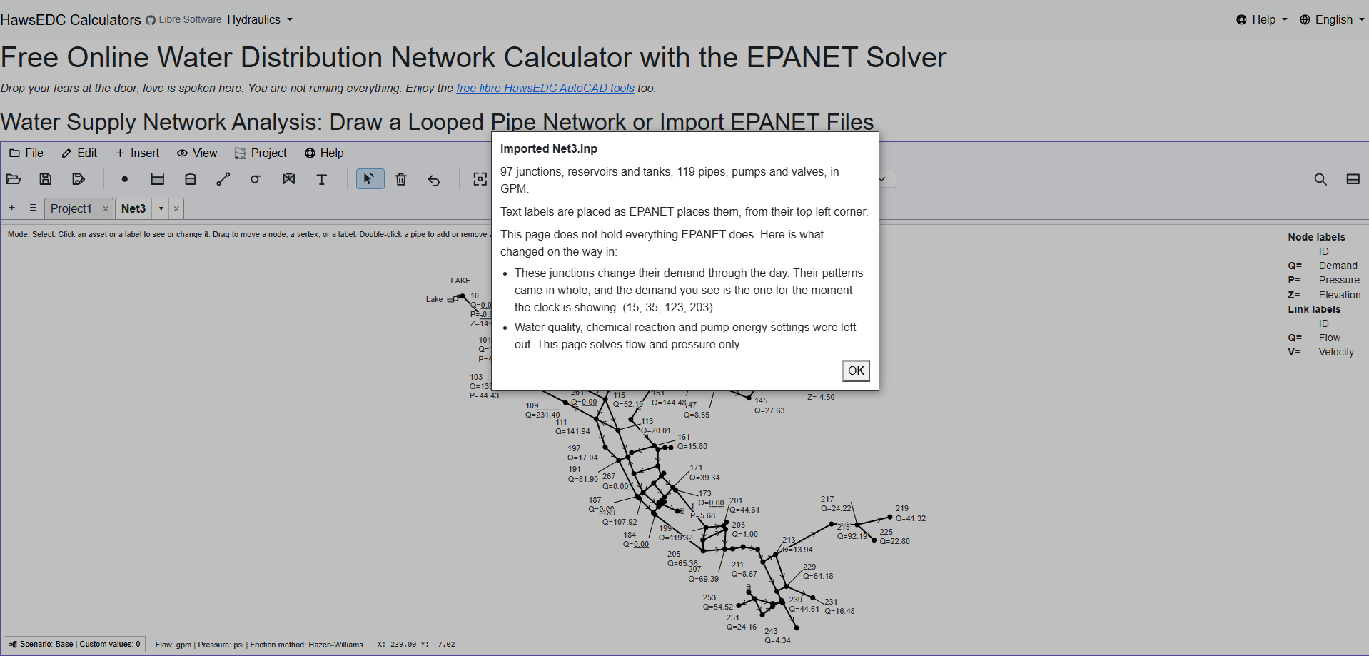 The import report after reading an EPANET .inp file, listing what was read and what differed.