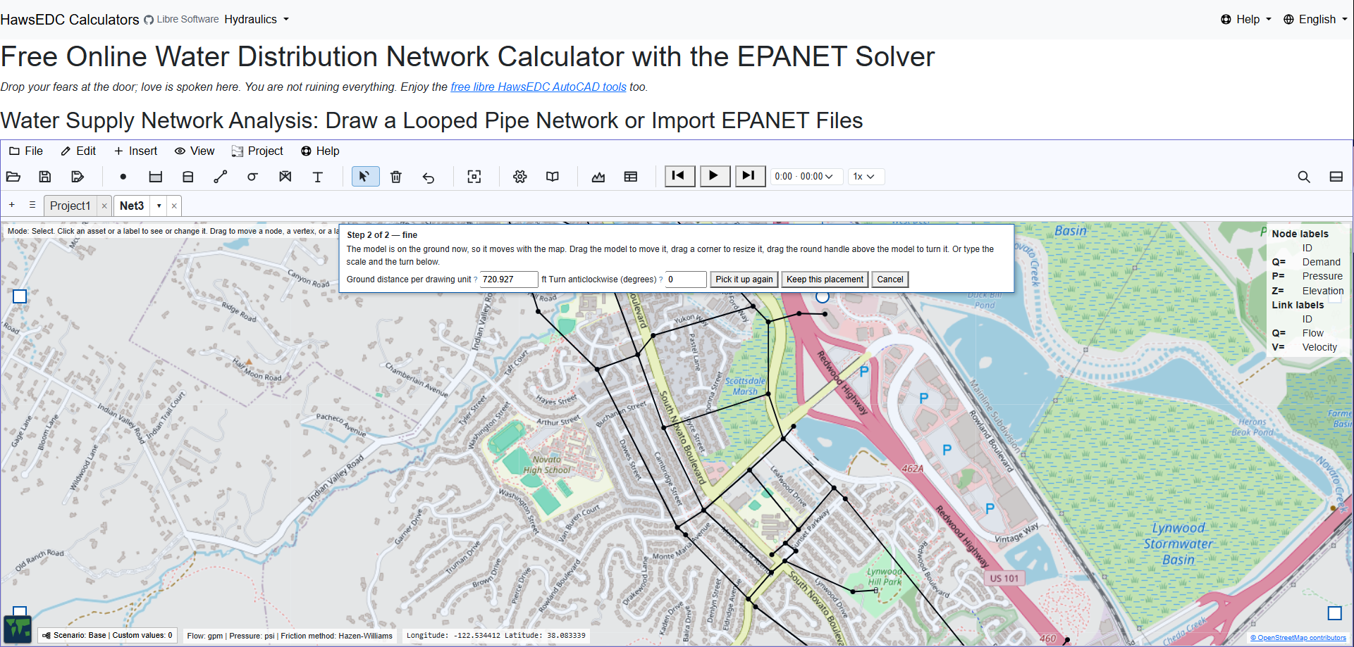 The same network at street level, its pipes following named real streets on the map beneath.