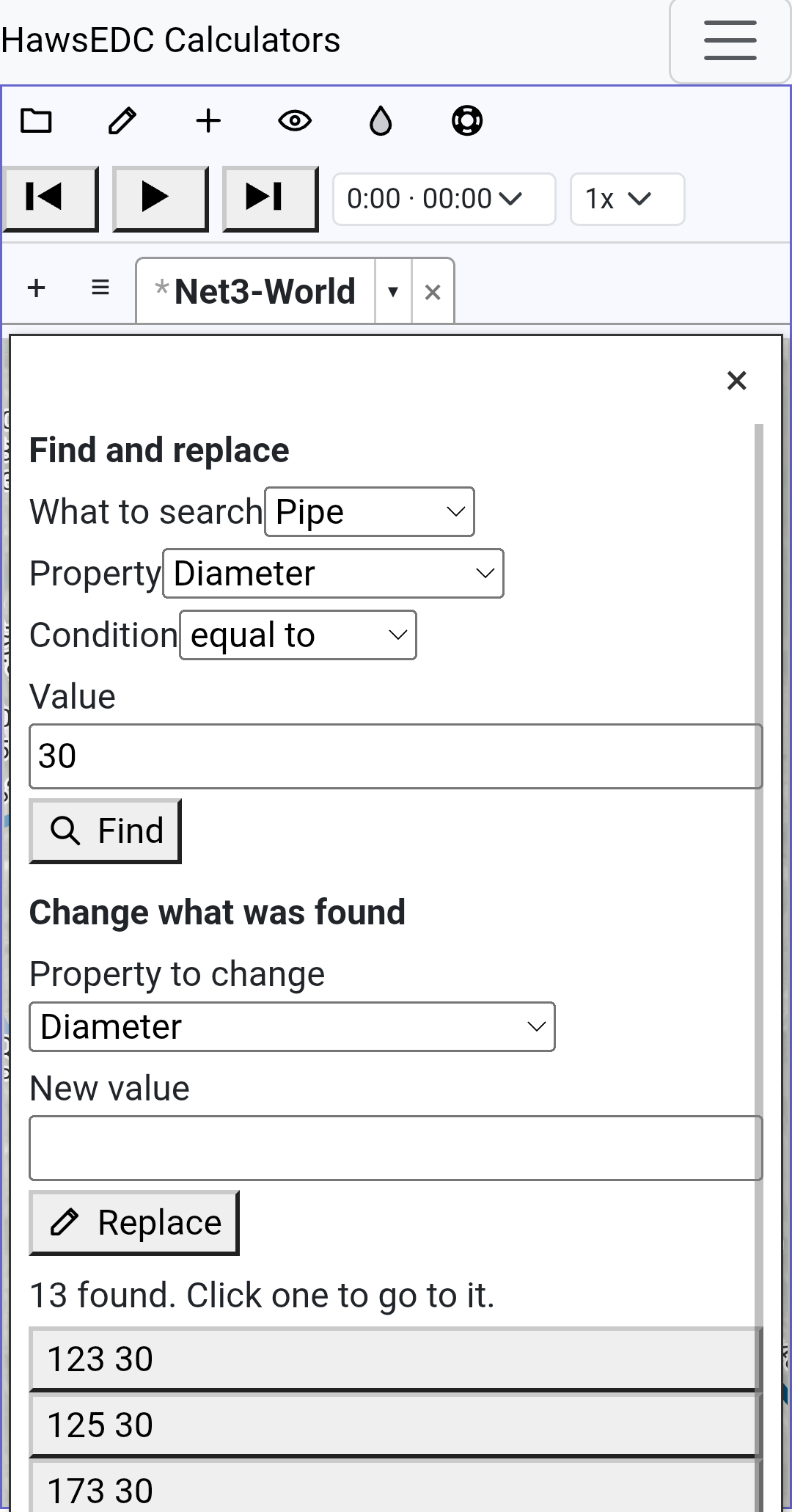 A find-and-replace panel filling a phone screen, showing the search terms, a Replace button, and a list of thirteen matching pipes.