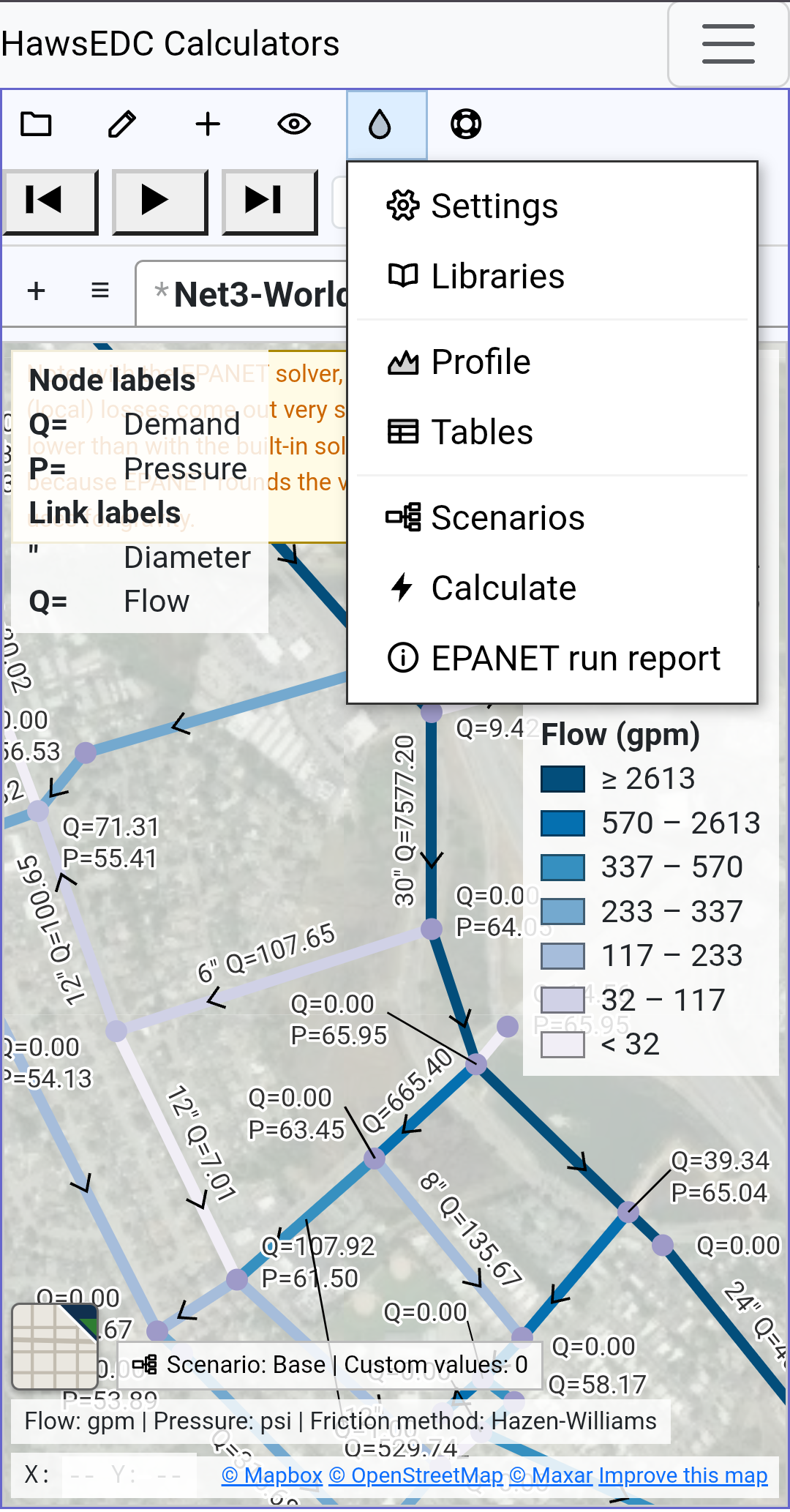 The software on a phone held upright: a menu open beneath its button, a water network drawn on satellite imagery, a flow colour key at the right, and a status line along the bottom.